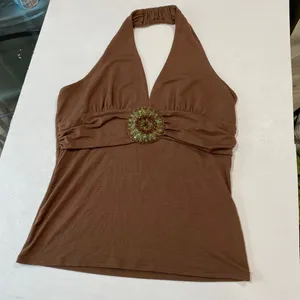 Bisou Bisou M 2pc Halter Top Bundle Y2K Beaded Brown Green thumbnail 3