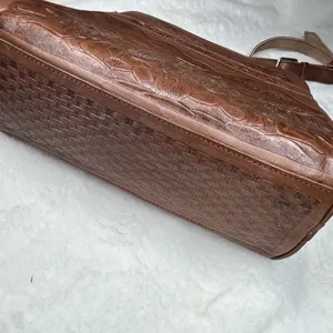 Vintage Hand Tooled Leather Shoulder Bag; dark Caramel Leather W/ Suede Interior thumbnail 4
