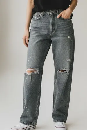 ZARA Straight Leg High Waisted Distressed Jeans Raw Hem 2 Rinsed Black #3900 thumbnail 1