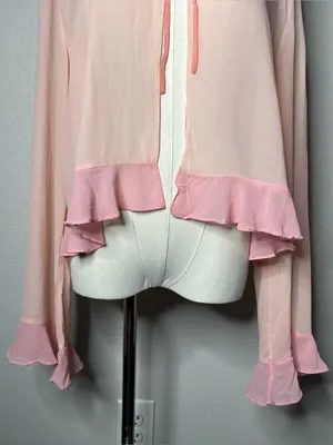 Y2K Vintage Victorias Secret Pink 100% Silk Ruffle Trim Tie Front Cardigan Top thumbnail 4