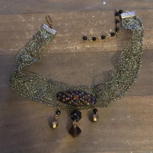 Vintage metallic gold lace choker necklace with crystal dangles thumbnail 3