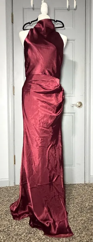 Betsy & Adam Satin Halter Maxi Dress in Burgundy thumbnail 1