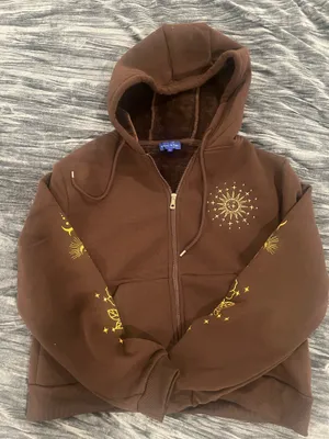 Brown Zip-Up Hoodie Jacket with Gold Sun Graphic size L thumbnail 1