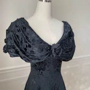 Vintage 80s 90s Off Shoulder Jacquard Short Dress Goth Black Green XS thumbnail 6
