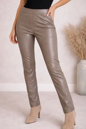 Chico’s Faux Leather Pants Size 1 Taupe Brown Slim Straight Stretch Chic thumbnail 1