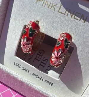 Pink linen round hoop clip earring gold tone red flower loop LEAD SAFE gift box🎁 thumbnail 1