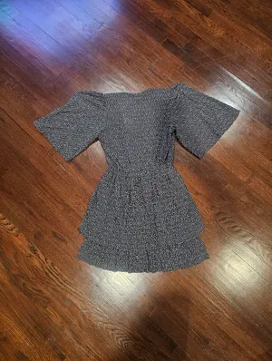 Smocked Square-Neck Mini Dress in Black and White thumbnail 5