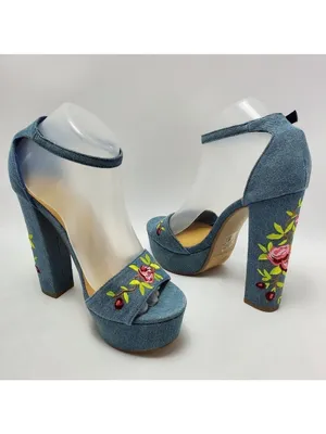 Heart in D Blue Denim Floral Embroidered Platform Heels Sandals Size 8 thumbnail 3