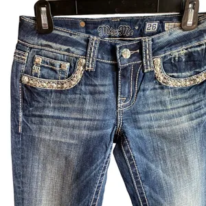 Miss Me Jeans Women's Size 26 boot cut Denim Embellished trim flap‎ Pockets thumbnail 3