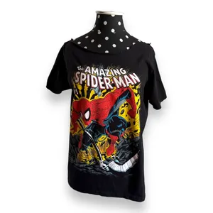 Marvel Womens Tee Sz S Cut Out Neck Spider-Man Black Cartoon‎ Comic Shirt Top thumbnail 2
