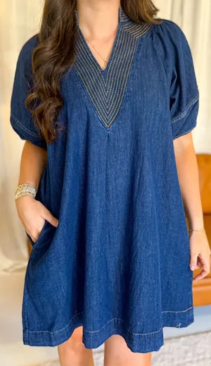 Boutique Camille Denim V-neck Mini Dress thumbnail 1