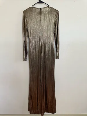 Mac Duggal Metallic Long-Sleeve Asymmetrical Ruched Gown IEENA Collection, 0 thumbnail 4