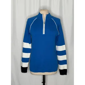 NEVE Quarter Zip Ski Sweater Blue White Striped Black Cuffs 100% Cotton X-Large thumbnail 2
