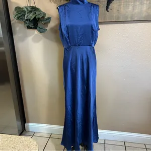 Lulus Classic Elegance Blue Satin Sleeveless Mock Neck Maxi Dress thumbnail 3