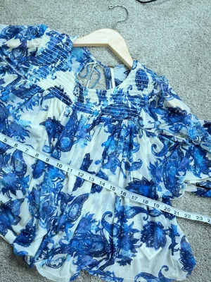 Free People Women’s Up For Anything Western Shirt Smocked Mesh Floral Blue S thumbnail 12