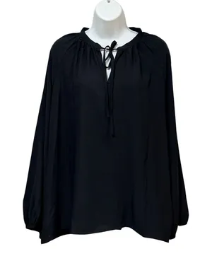 Ann Taylor Womens XL Black Tie Neck Peasant Blouse Long‎ Raglan Sleeve Top thumbnail 1