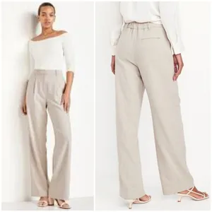 Old Navy Taylor Extra High Rise Beige Herringbone Wide Leg Full Length Trousers thumbnail 3