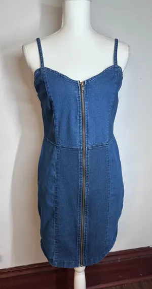 Derek Heart Blue Denim Zip Front Mini Dress Women Large Sweetheart Neckline thumbnail 1