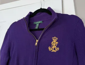 Ralph Lauren Vintage Womens Full Zip Sweater Logo Patch Purple Preppy thumbnail 3