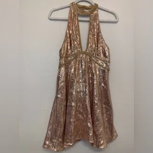 Free People Film Noir‎ Sequin Mini Halter Dress in Rose Gold Size 6 thumbnail 3