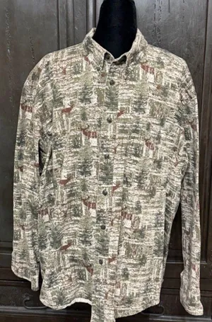 Cabela's longsleeve buttondown Denim deer & tree camouflage pattern - Size XL. Gently warn & excellent condition. Measurements approximately 27” from armpit to armpit x 29” long. Non-smoking home. Priced at as is condition. Don’t like my price make a reasonable offer! And thank you for checking my closet! thumbnail 1