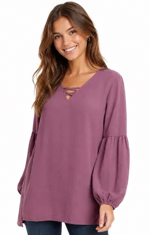 Maurices Mauve Pink Lantern Sleeve Lattice Neck Blouse Size Large thumbnail 1