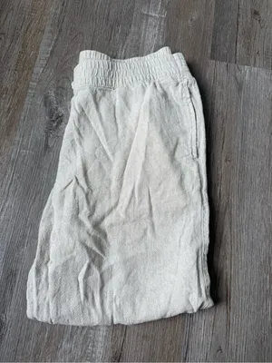 Old Navy Relaxed Linen Beach Pants Lounge Pants High Rise Straight Leg Beige Tan thumbnail 3