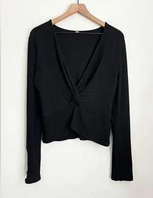 Free People All Types Of Twisted Black Top long sleeve V neck stretchy thumbnail 2