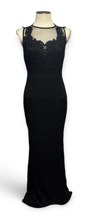 Symphony Lace Illusion Mesh Stretch Long Formal Dress Gown Black Large thumbnail 1