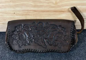 Vintage Hand Tooled Leather Floral Clutch Bag Dark Brown Whipstitch Western Boho thumbnail 1