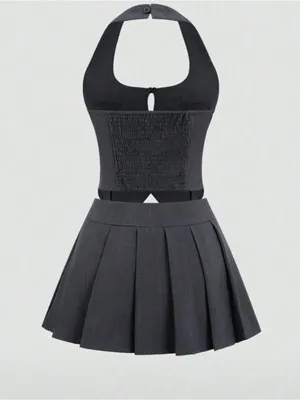 SHEIN Dark Gray Halter Pleated Mini Dress with Front Bow Accents thumbnail 2