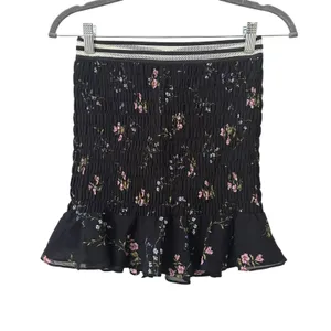 FOR LOVE &‎ LEMONS Odette Smocked Silk Floral Mini Skirt Black Small thumbnail 2