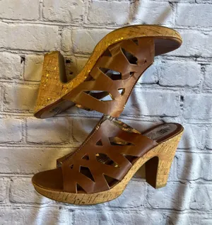 Sofft Brown Leather Cut Out Design Sandals Heels Cork Natural Size 11 Artsy Boho thumbnail 8
