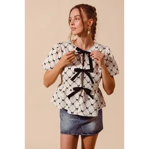 SO ME Bow Texture Woven Peplum Top With Contrast Tie - Ivory - Small thumbnail 4