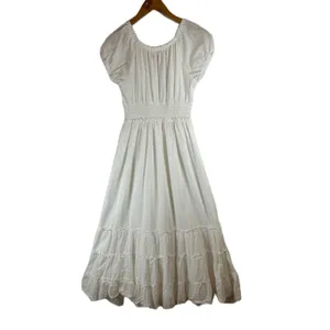 Betsey Johnson White Swiss Dot Midi Dress Smocked Waist Tiered Ruffle Milkmaid M thumbnail 2