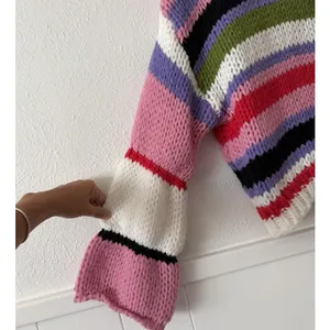 BiBi Sweater M Chunky Knit Striped Bell Sleeve Crop Pullover Colorful Boho NWT thumbnail 5