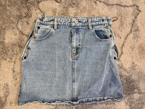 Shop Michella Light Blue Denim Mini Skirt with Chain Detail thumbnail 1