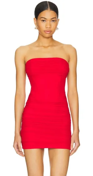 Superdown Revolve Bea Mini Dress Small Bodycon Ruched Mesh Bustier Red Strapless thumbnail 1