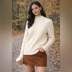 Marled Cream Cable Knit Mock Neck Sweater M Cozy Chunky Ribbed Winter Pullover thumbnail 11
