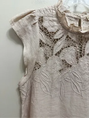 Ulla Johnson Aimee Linen Lace Eyelet Top Floral Embroidered Tan Size 4 thumbnail 6
