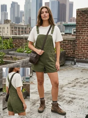 Olive Green Earth Tone Utility Shortalls // Gorpcore Utility Bib Overalls L thumbnail 7