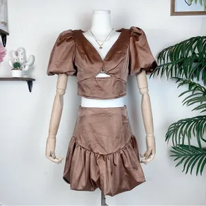 Elliatt Doris BrownPuff Sleeve Keyhole Crop Top & Mini Skirt Two Piece Set Small thumbnail 2