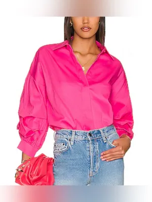 Alice + Olivia Edyth Drapey Sleeve Button Down Pink Collared Top MEDIUM thumbnail 3