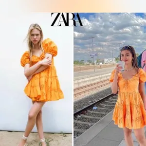 ZARA Orange Eyelet Puff-Sleeve Mini Dress thumbnail 2