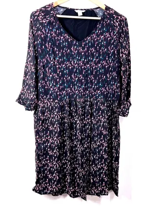 Garnet Hill Micro Floral Print Dress V-Neck Long Sleeve‎ Casual Midi Dress 12 thumbnail 1