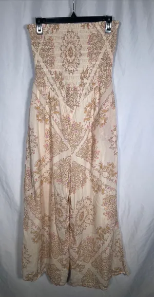 American Eagle Womens Boho Strapless Smocked Jumpsuit Wide Leg Medium Pink Cream thumbnail 1