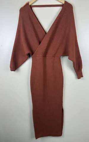 Petal + Pup Knit Sweater Midi Dress Size 2 Rust Terracotta V Neck Long Sleeve thumbnail 1