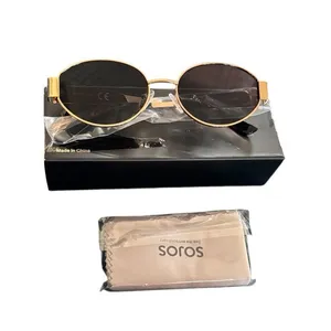 Retro Y2K Oval Metal Gold Sunglasses For Women Men Grey Lenses Cleaning Cloth thumbnail 1