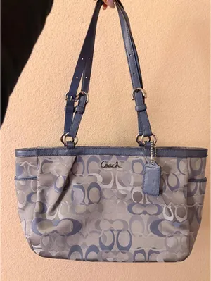 Vintage Ash Blue Coach Gallery Optic Signature Tote thumbnail 1