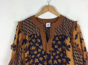 Cabi Harmony Gold Navy Ruffle Floral Peasant Semi Sheer Blouse Top XS thumbnail 4